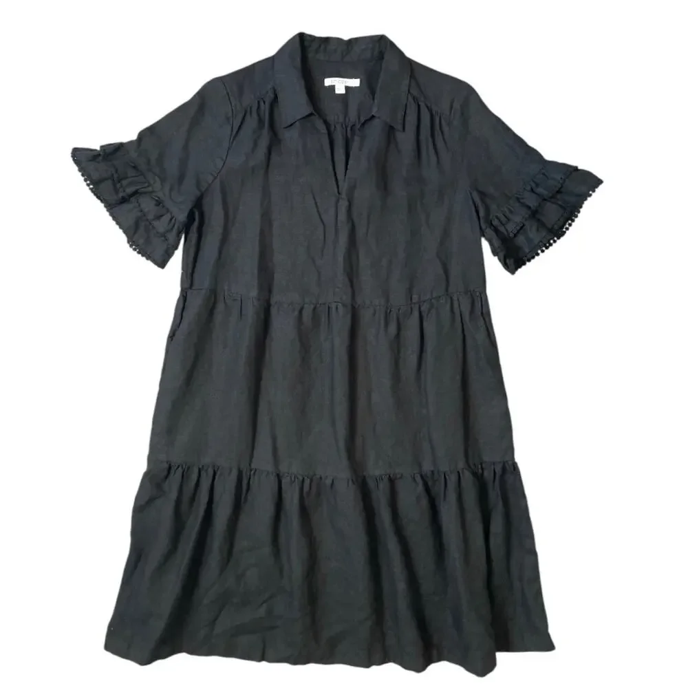 Chico’s 100% Linen Tiered Shirt Dress Black Ruffle Sleeve Pockets Size 0.5